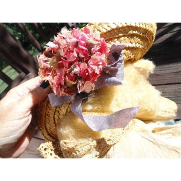 Vintage Handmade 20″ Teddy Bear Full Brim Straw Hat Flowers Denim Dress Red Bow - Picture 8 of 10